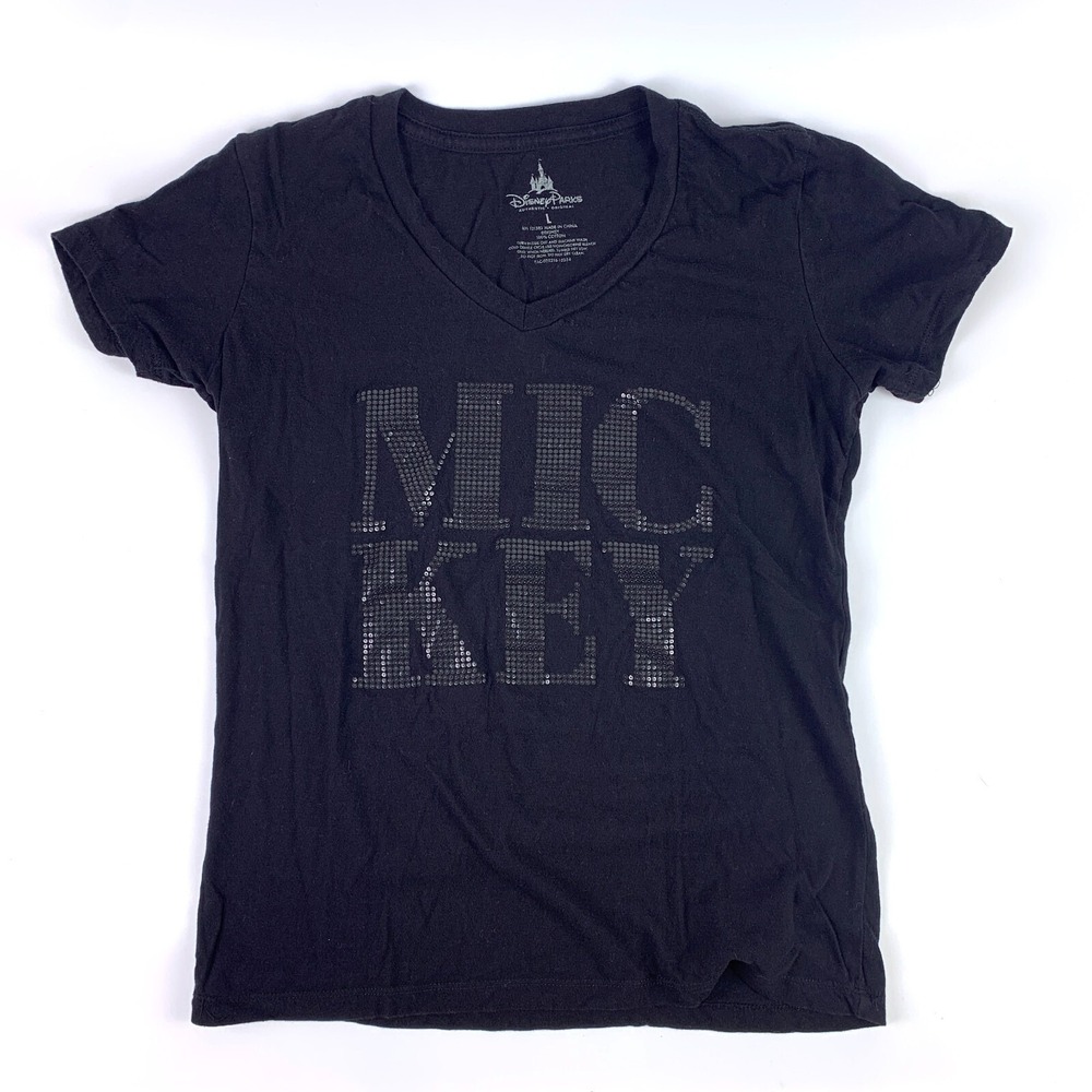 Disney Parks Black‎ on Black MICKEY V Neck T Shirt Womens Sz L Emo Punk